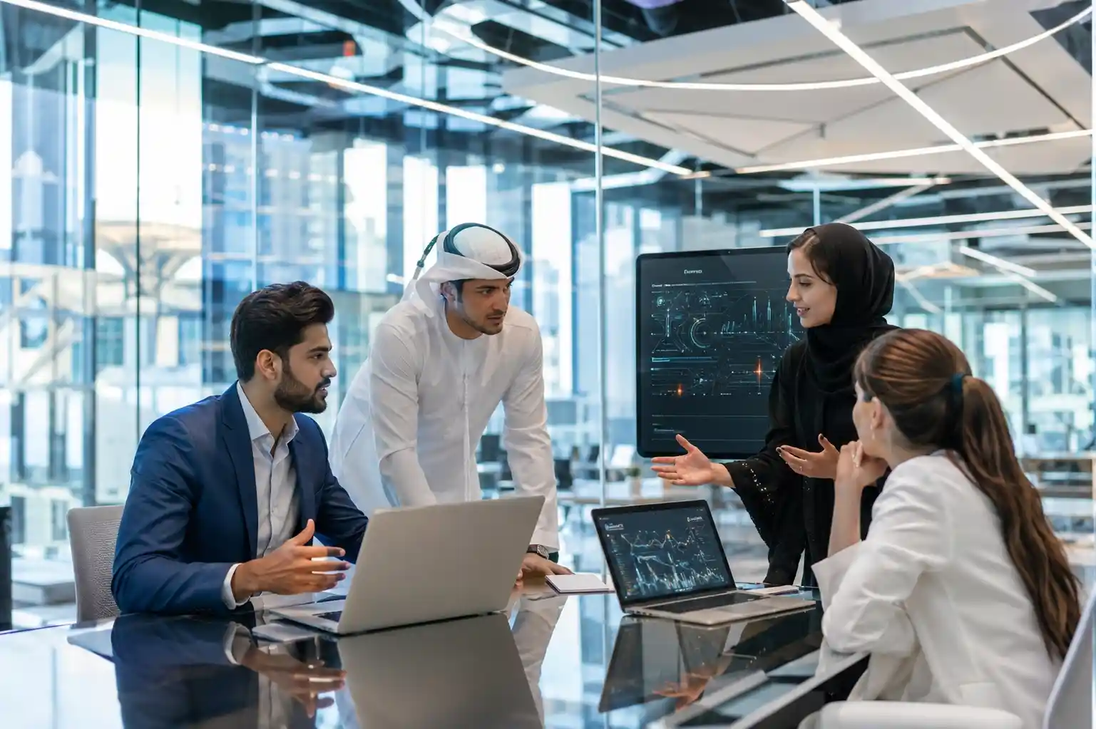 Entrepreneurs working inside a modern UAE startup incubator in Dubai