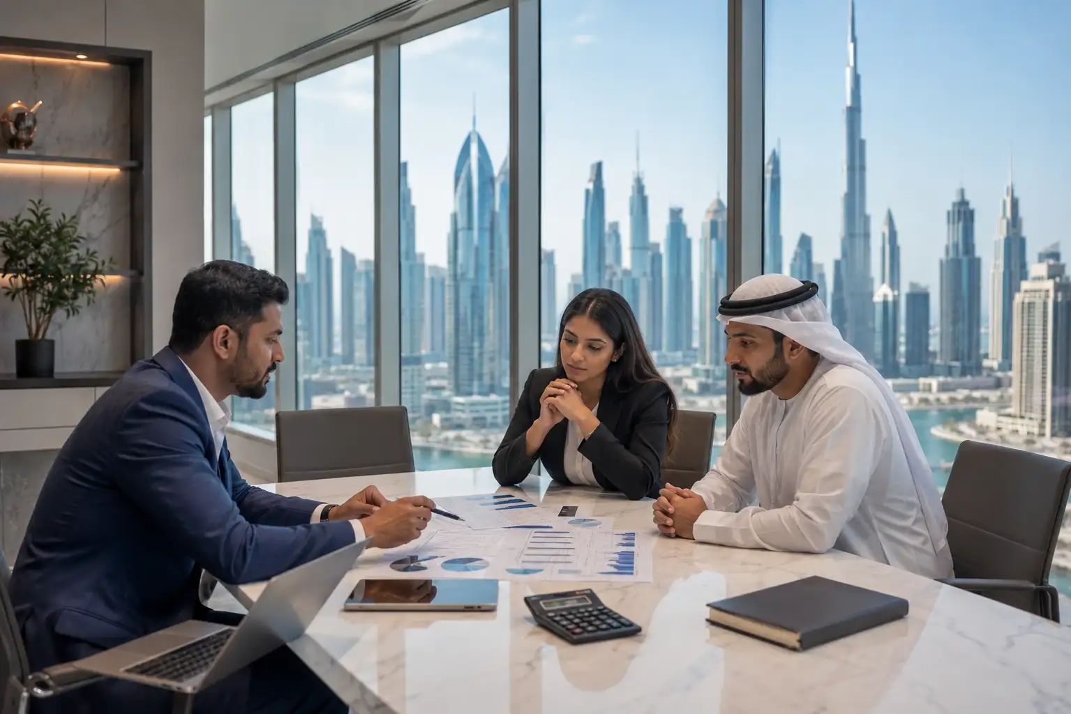 Entrepreneurs planning Dubai business license costs in modern UAE office