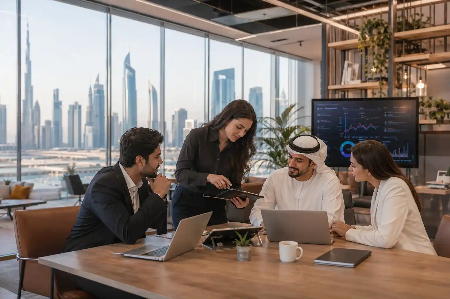 Entrepreneurs working inside a modern startup incubator in Dubai
