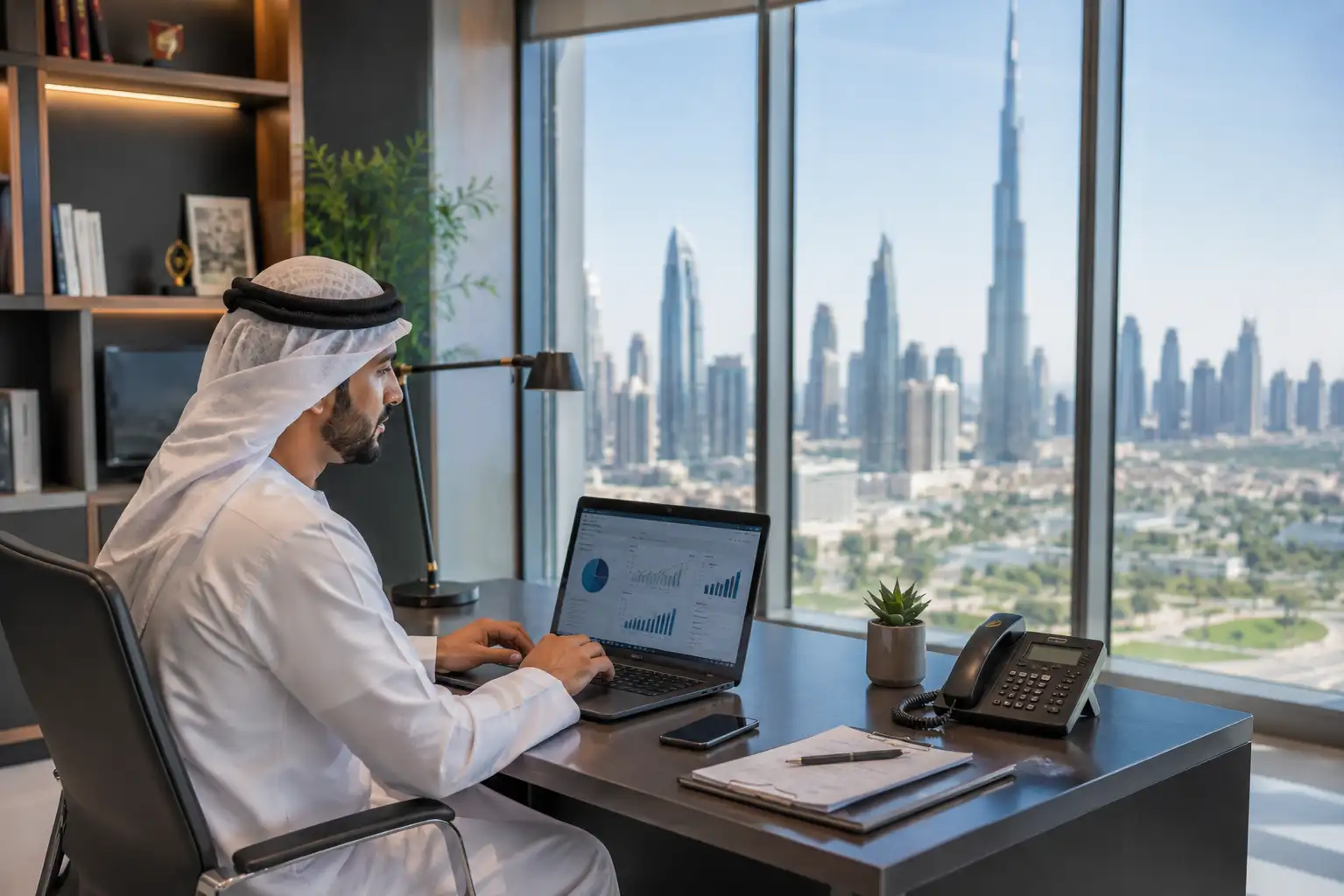 Entrepreneur performing Dubai trade license online verification in UAE office