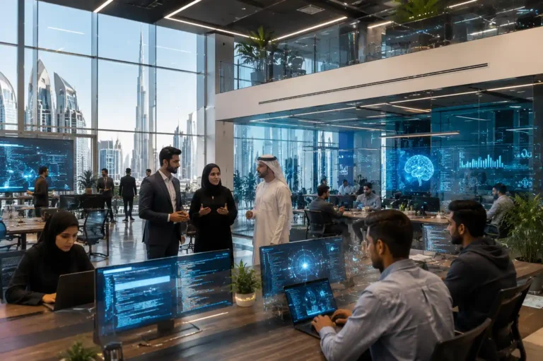 Entrepreneurs and developers working inside a Dubai tech startup hub