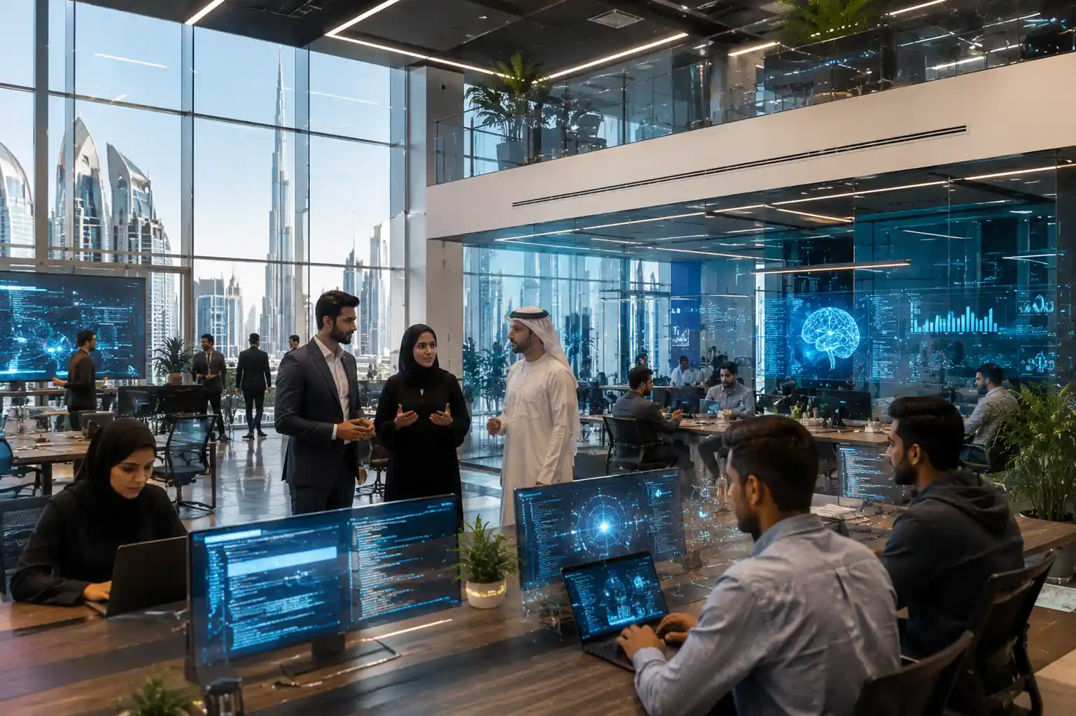 Entrepreneurs and developers working inside a Dubai tech startup hub
