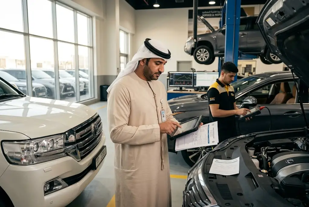 Vehicle inspector reviewing accident history records before a used car purchase in the UAE