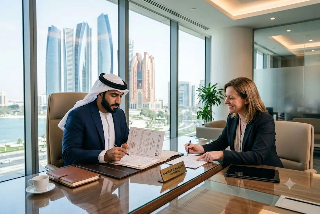 Business owner completing Abu Dhabi trade license renewal process
