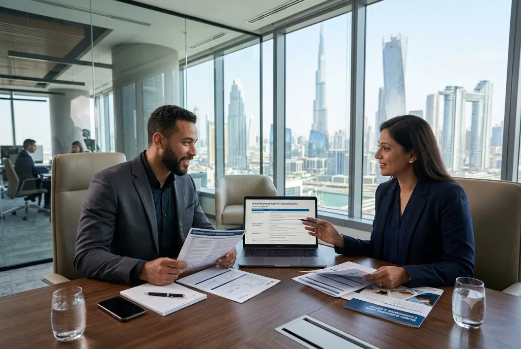Business owner selecting approved activities from DED Activity List Dubai