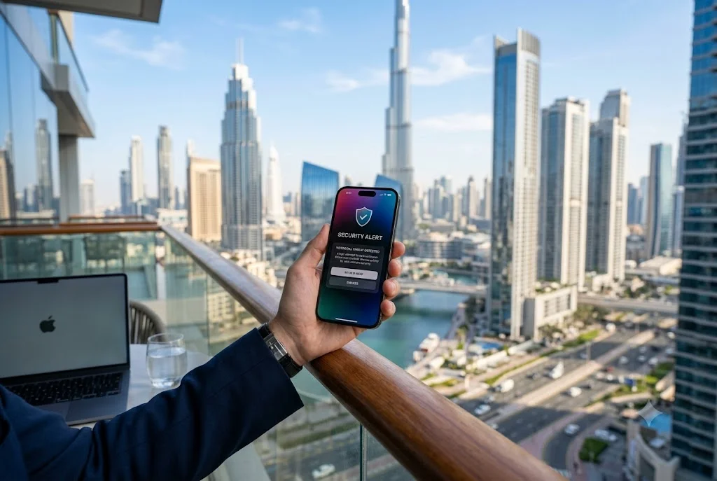 Smartphone displaying a security alert related to Dubai Police public awareness notifications