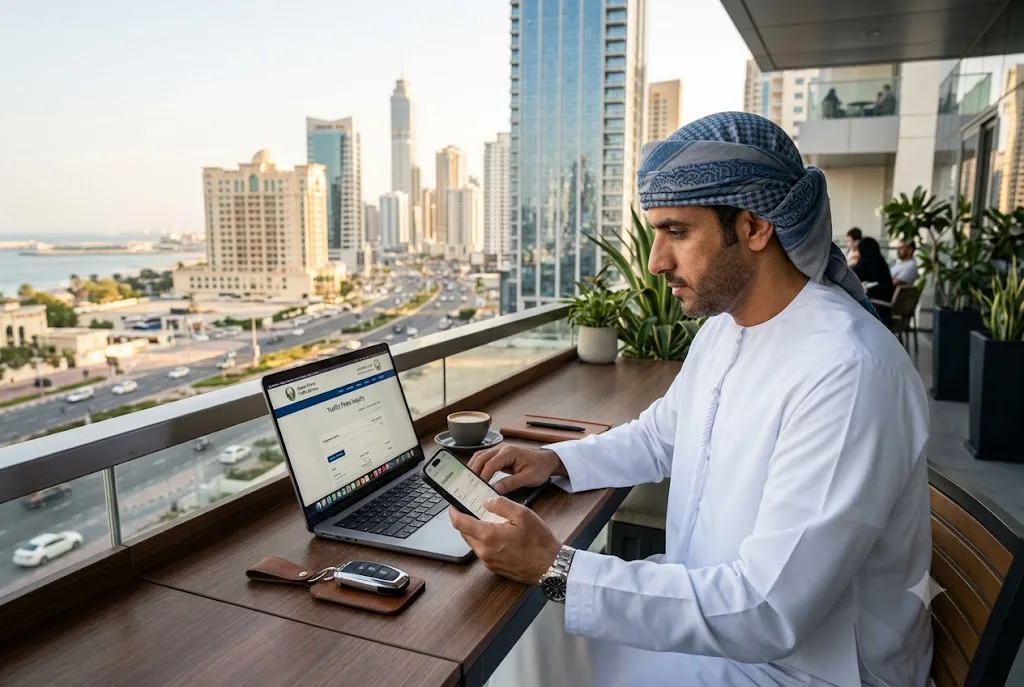 Driver checking traffic fines in Ajman through online government services