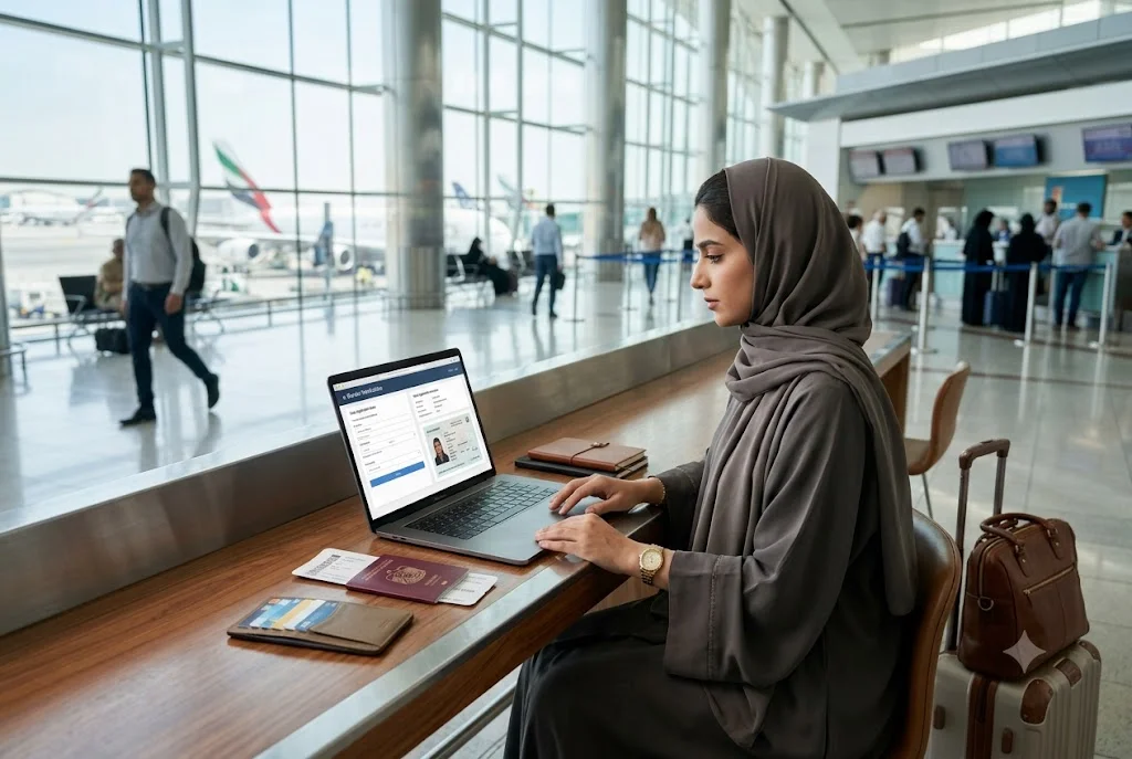 Resident checking travel status and government records before international travel in the UAE