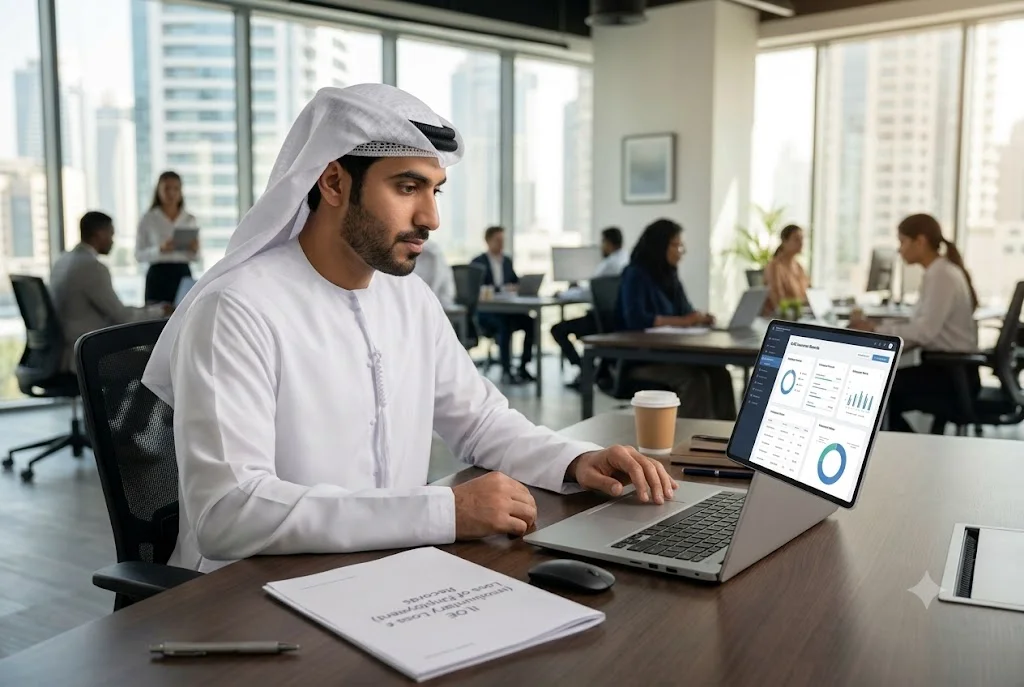 UAE employee checking ILOE insurance compliance and fine status online