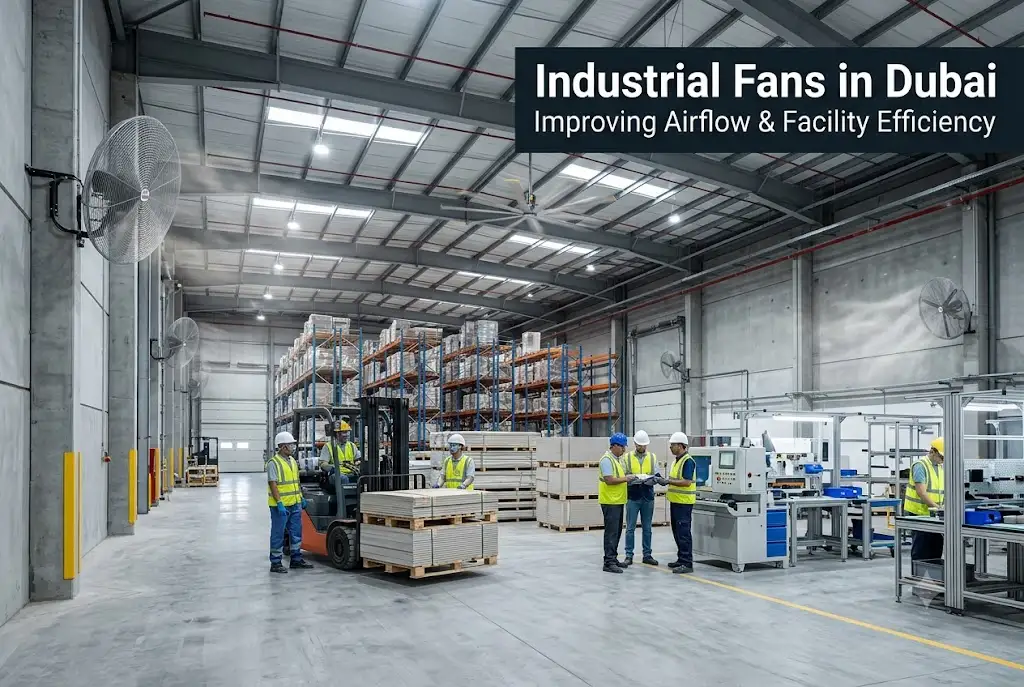 Industrial fans improving airflow inside a modern warehouse facility in Dubai