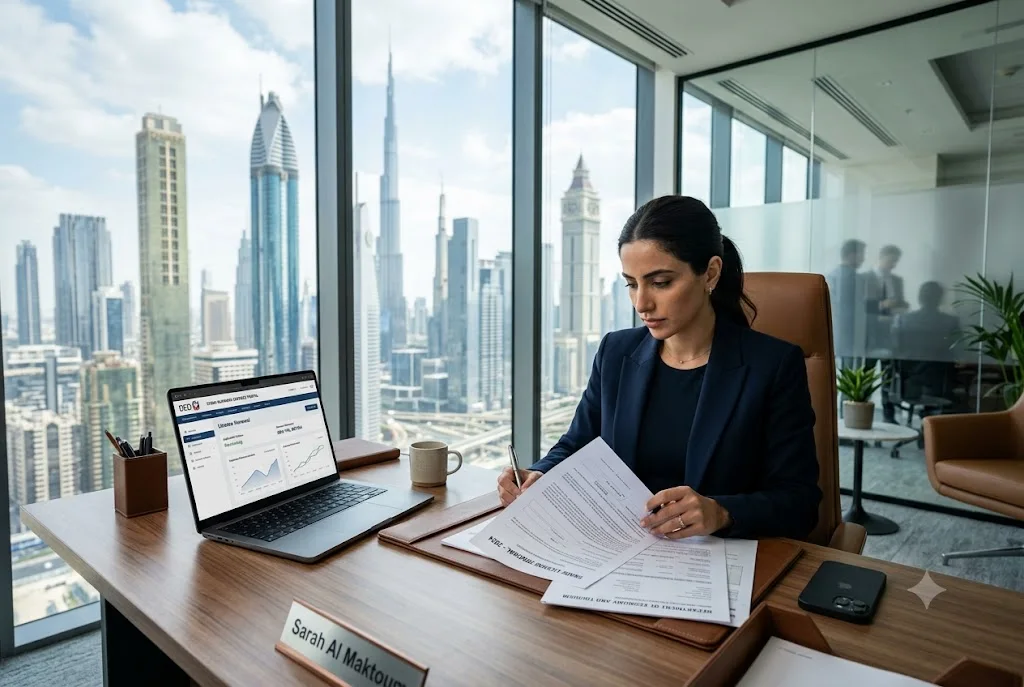 Business owner completing trade license renewal process in Dubai office