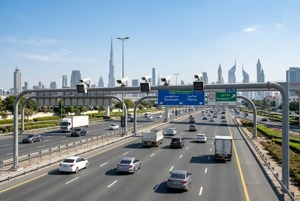 Modern UAE highway with traffic monitoring systems and vehicles driving legally