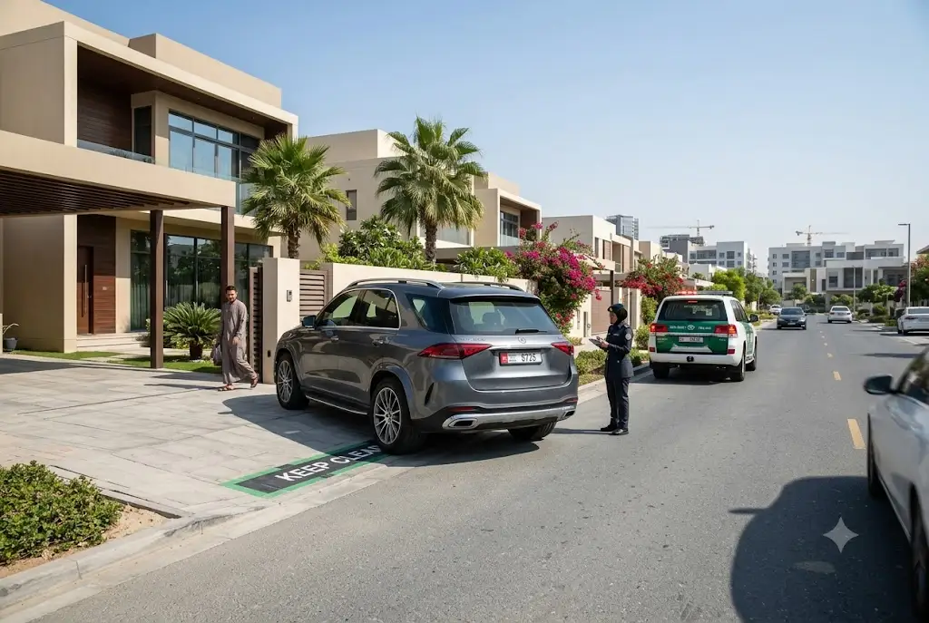 Vehicle creating an obstruction near a driveway in a UAE urban area