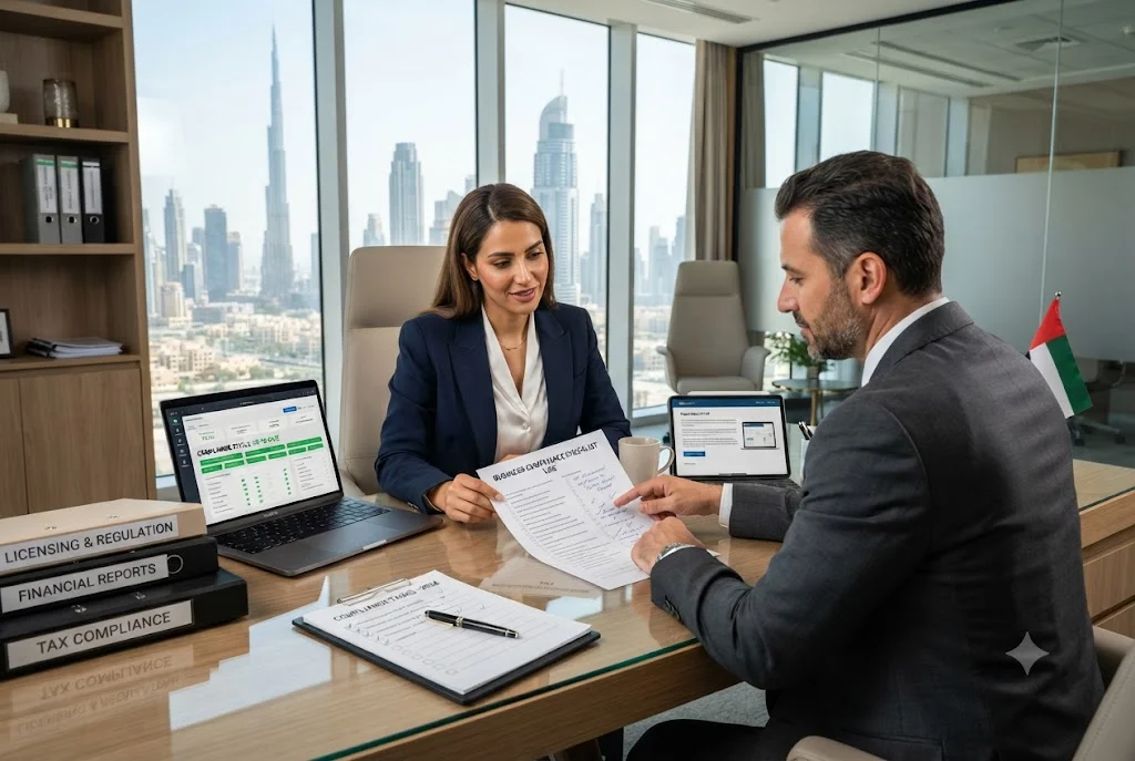UAE small business owner reviewing a business compliance checklist with a legal compliance advisor in a modern Dubai office.