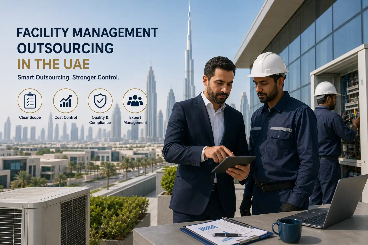 UAE SME manager reviewing outsourced facility maintenance performance and contractor records