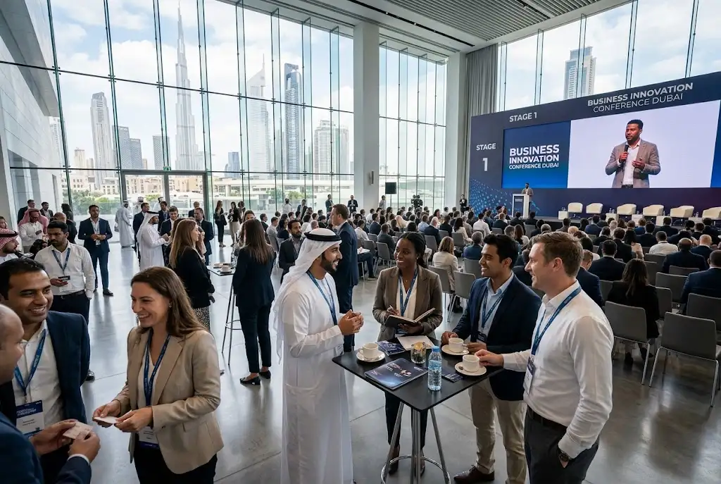 Free Business Conferences in Dubai with entrepreneurs networking at a professional event