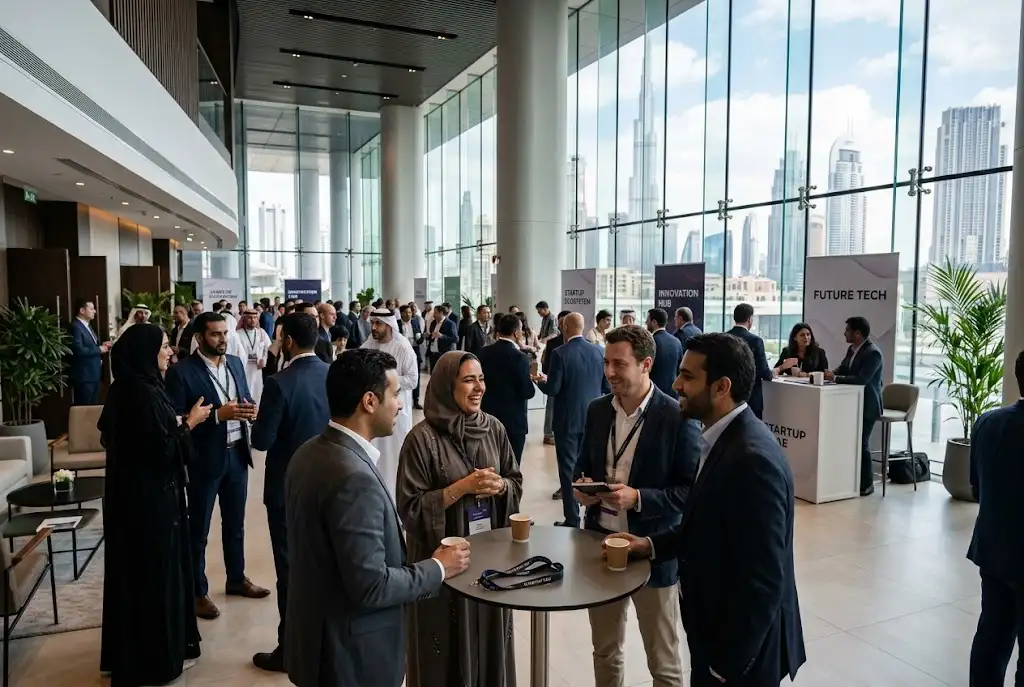 Startup Networking Events in UAE with entrepreneurs and investors meeting at a business event