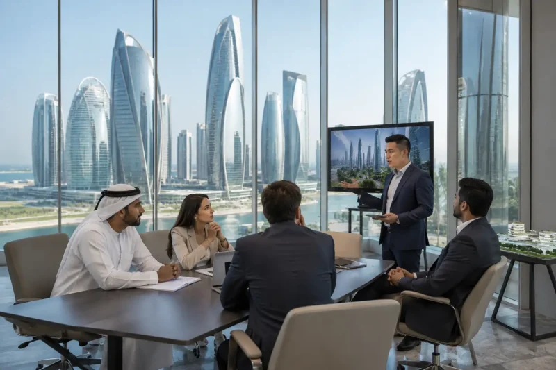 Entrepreneurs discussing company formation in Abu Dhabi free zone office