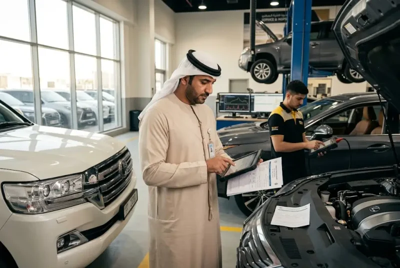 Vehicle inspector reviewing accident history records before a used car purchase in the UAE