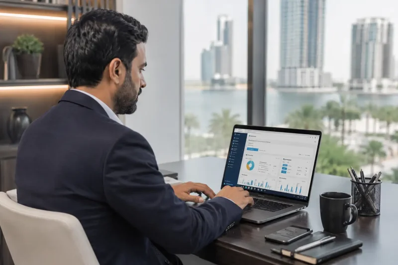 Entrepreneur accessing Ajman Media City Free Zone business login portal in UAE office
