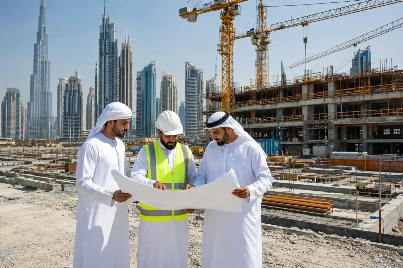 Construction engineers discussing BBC construction planning at a Dubai project site