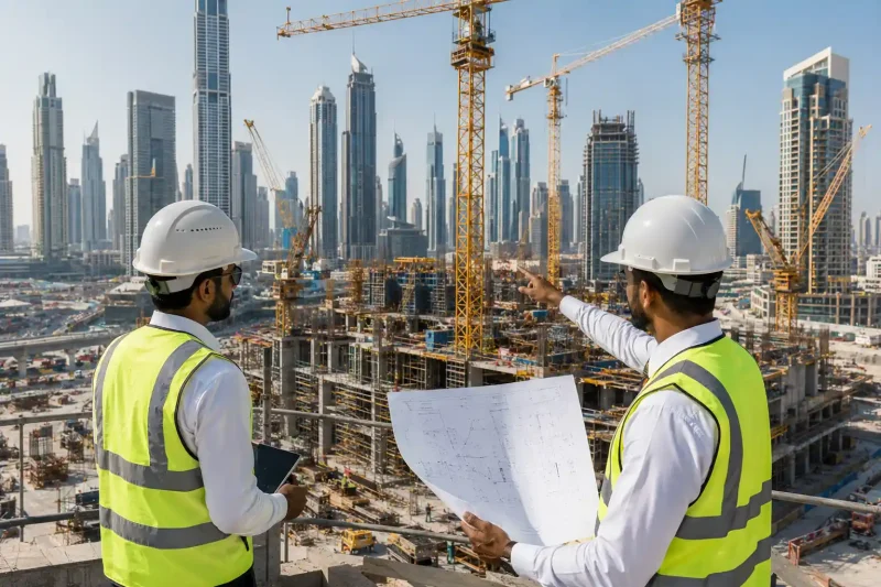 Professional construction company team managing a large UAE construction project