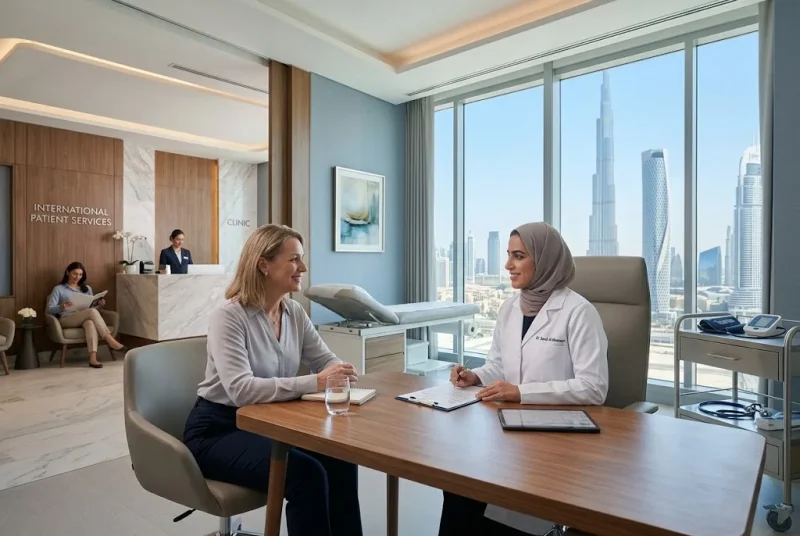 Best medical tourism opportunities in Dubai featuring a doctor consulting an international patient in a modern healthcare facility