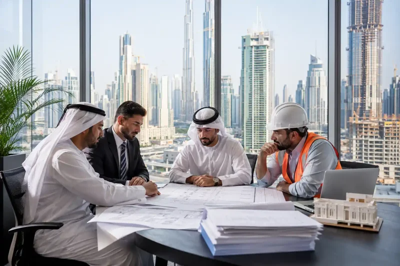 Engineers reviewing building permit documents and construction approvals in Dubai