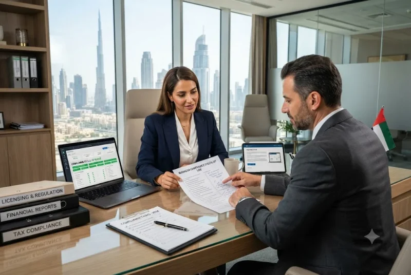 UAE small business owner reviewing a business compliance checklist with a legal compliance advisor in a modern Dubai office.