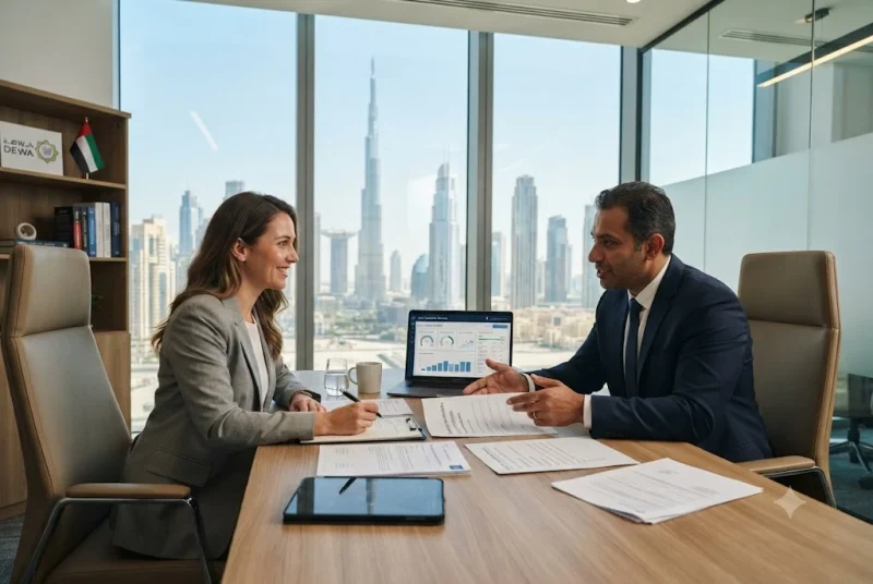 Small business owner discussing business compliance and regulatory requirements with a compliance consultant in a modern Dubai office.