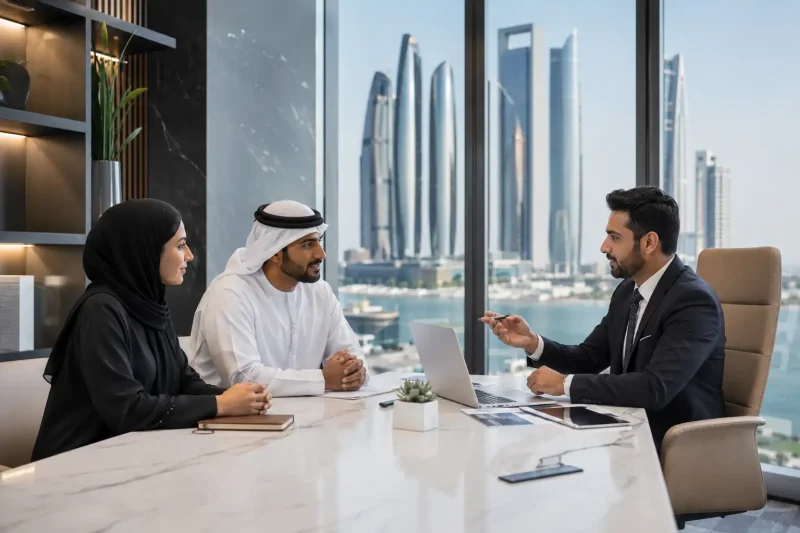 Entrepreneurs discussing business license setup in Abu Dhabi office