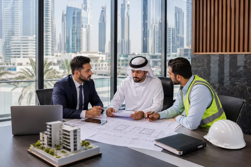 Construction business owners reviewing licensing and setup costs in Dubai