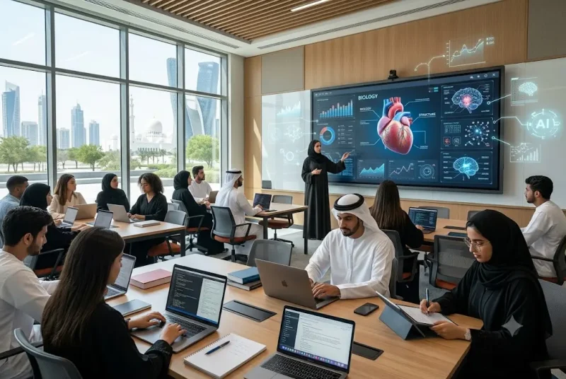 Students experiencing Digital Education in a modern UAE smart classroom.