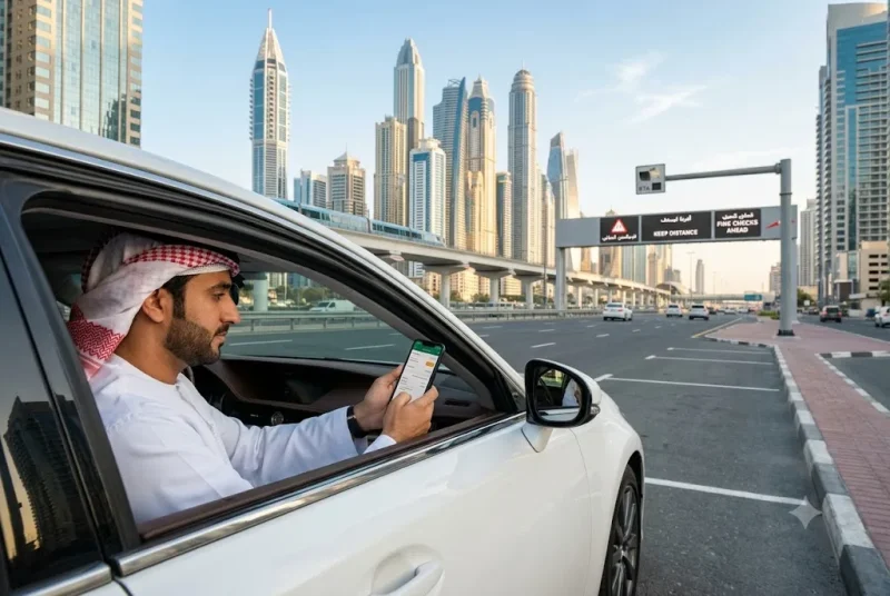 Driver checking Dubai traffic fines online using a mobile device