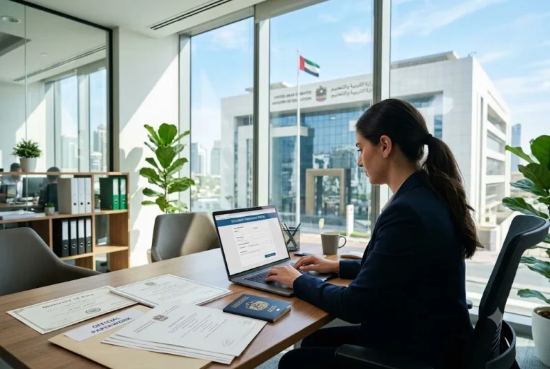 Professional applying for an equivalency letter from the Ministry of Education in UAE using official educational documents.