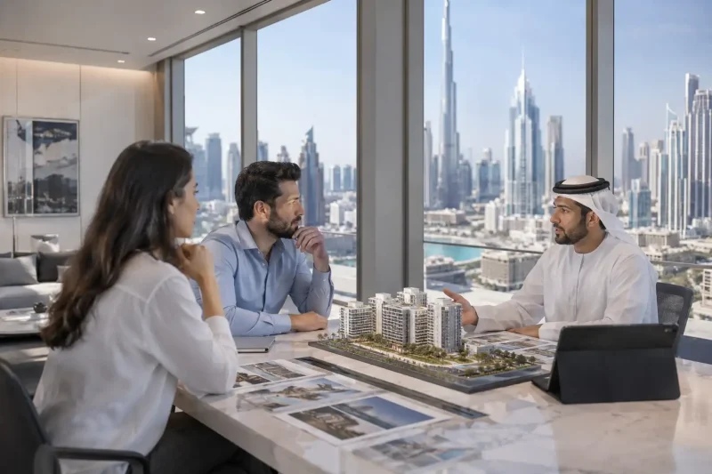 Real estate consultants working inside a modern UAE property office for estate license article