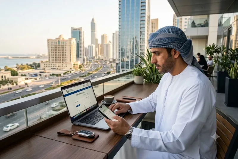 Driver checking traffic fines in Ajman through online government services