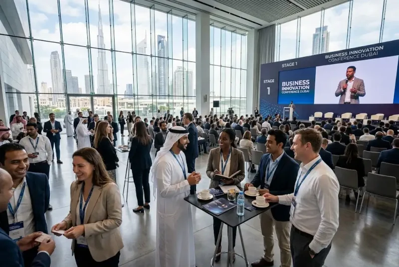 Free Business Conferences in Dubai with entrepreneurs networking at a professional event