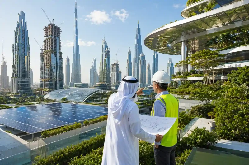 Sustainable green building construction project in Dubai with eco-friendly infrastructure