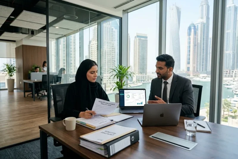 Health insurance rules for businesses UAE illustrated by an HR manager reviewing employee health insurance documents in a Dubai office