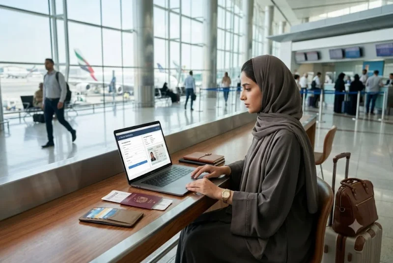 Resident checking travel status and government records before international travel in the UAE
