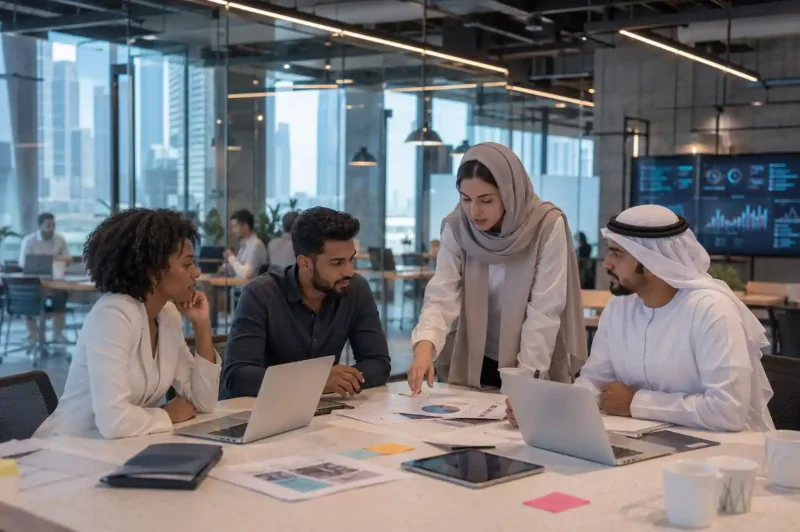 Entrepreneurs working inside a modern business incubator in UAE