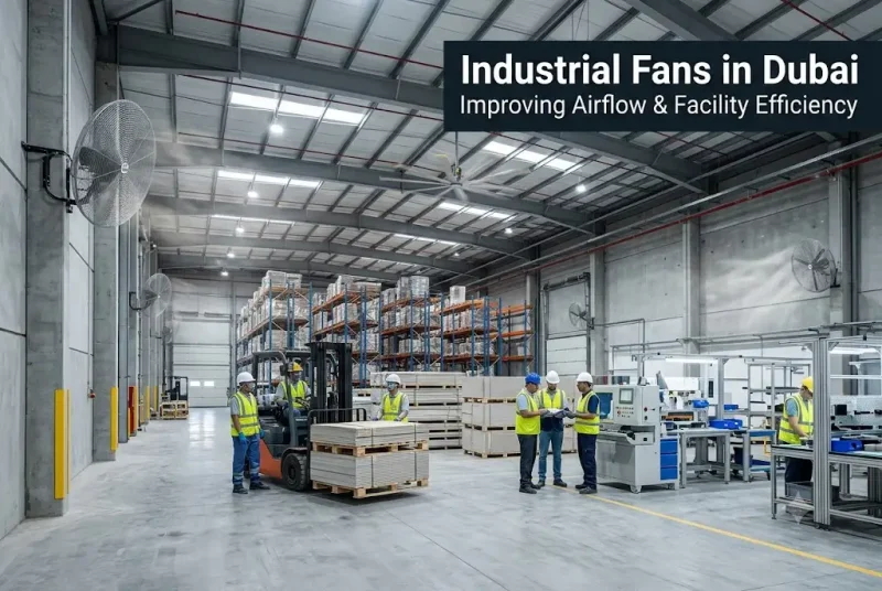 Industrial fans improving airflow inside a modern warehouse facility in Dubai