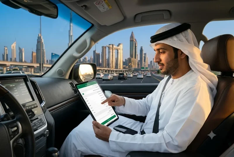 سائق في دبي يقوم بالاستعلام عن المخالفات المرورية عبر الإنترنت