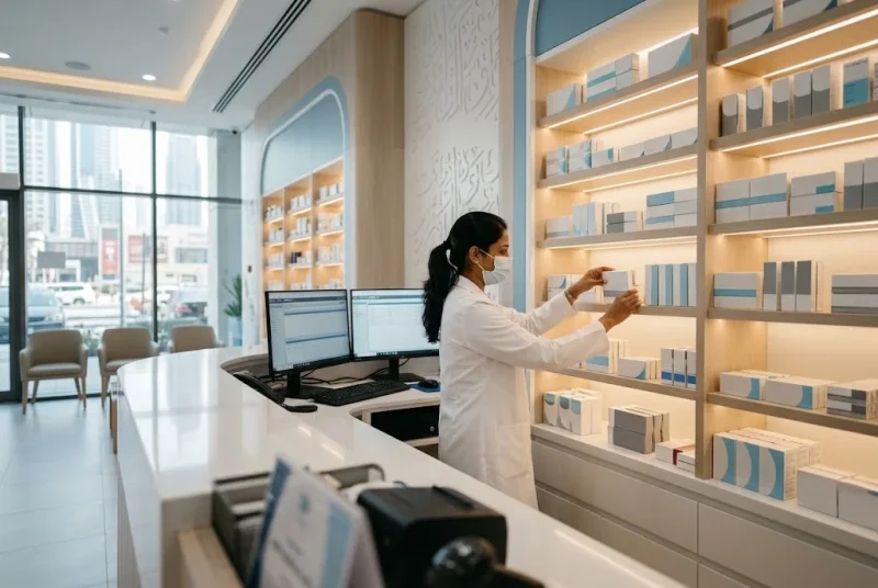 Pharmacy business setup in Dubai showing a licensed pharmacist managing medicine inventory in a modern community pharmacy