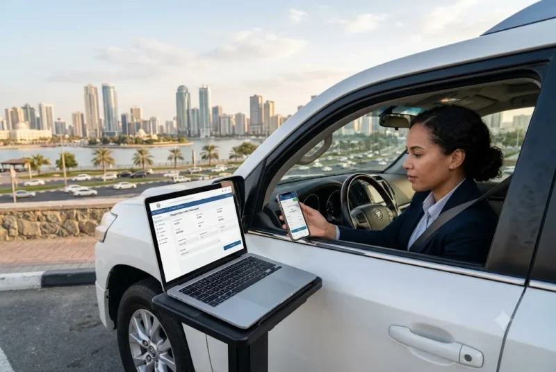 Driver checking Sharjah traffic fines through online government services