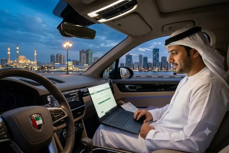 Driver reviewing Sharjah traffic fine discount information online