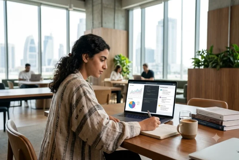 Professional taking skill development courses online using a laptop in the UAE.