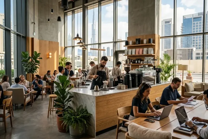 Entrepreneur creating a starting a cafe business plan for a UAE coffee shop