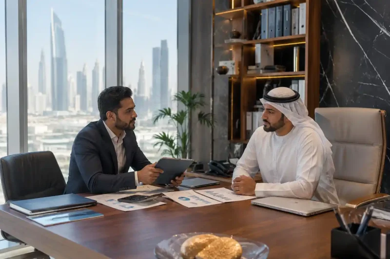 Startup founder discussing business loan options in UAE